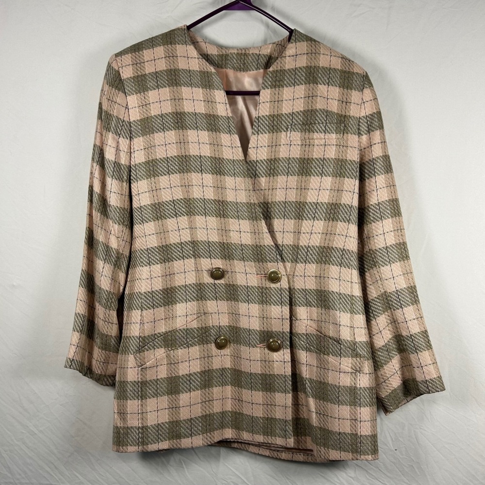 Vintage Blazer Women 6 Pink Olive Plaid Double Breasted Shoulder Pads USA Made
